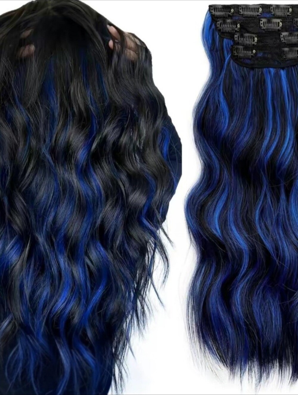 NWT 24" Premium Synthetic Blue Black Clip In Hair Extensions